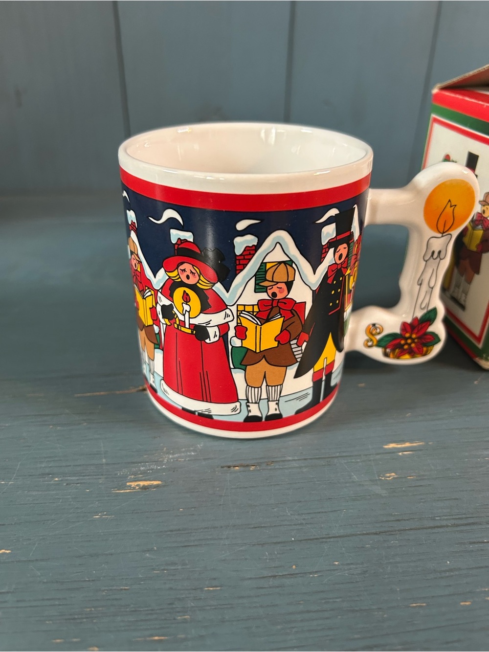 Vintage 90’s Festive Carolers Ceramic Mug in Red and Navy w/Candle Light Handle